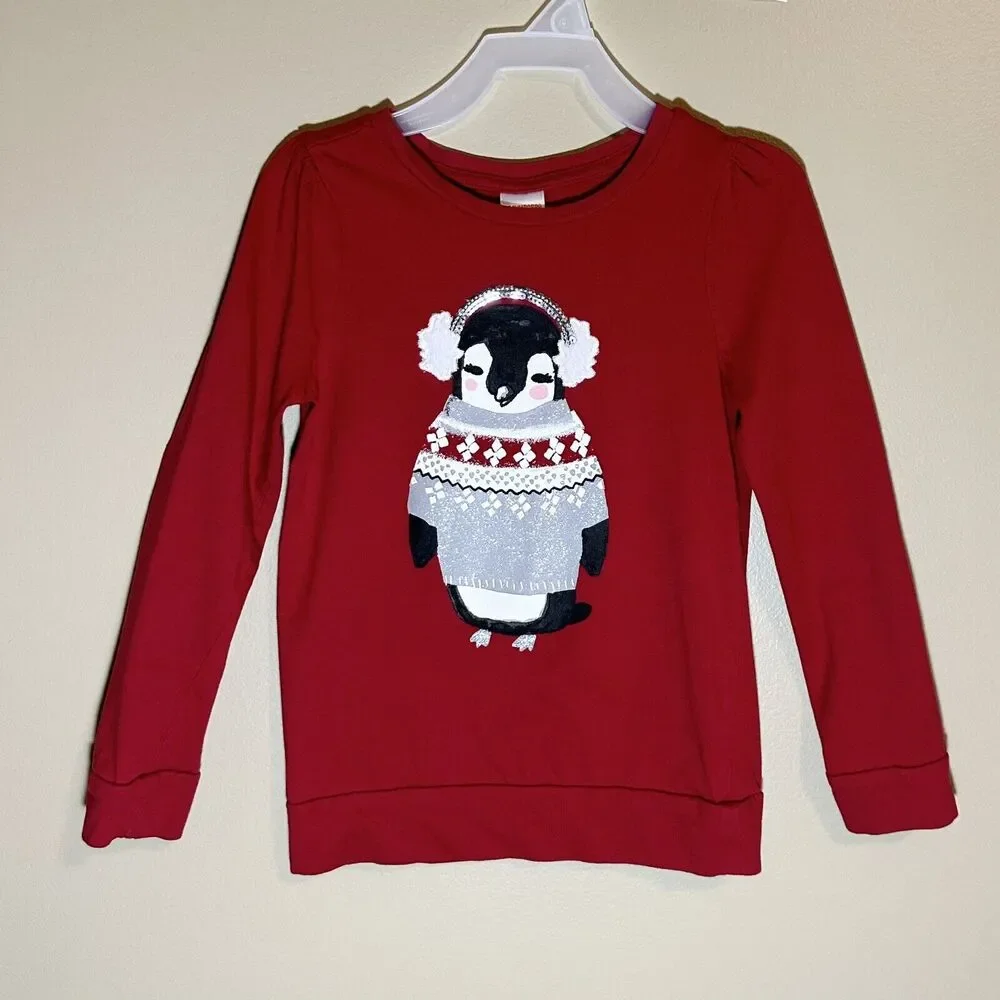 Gymboree Size 5 Holiday Red Penguin Shirt Ear Muffs Glitter Sequins